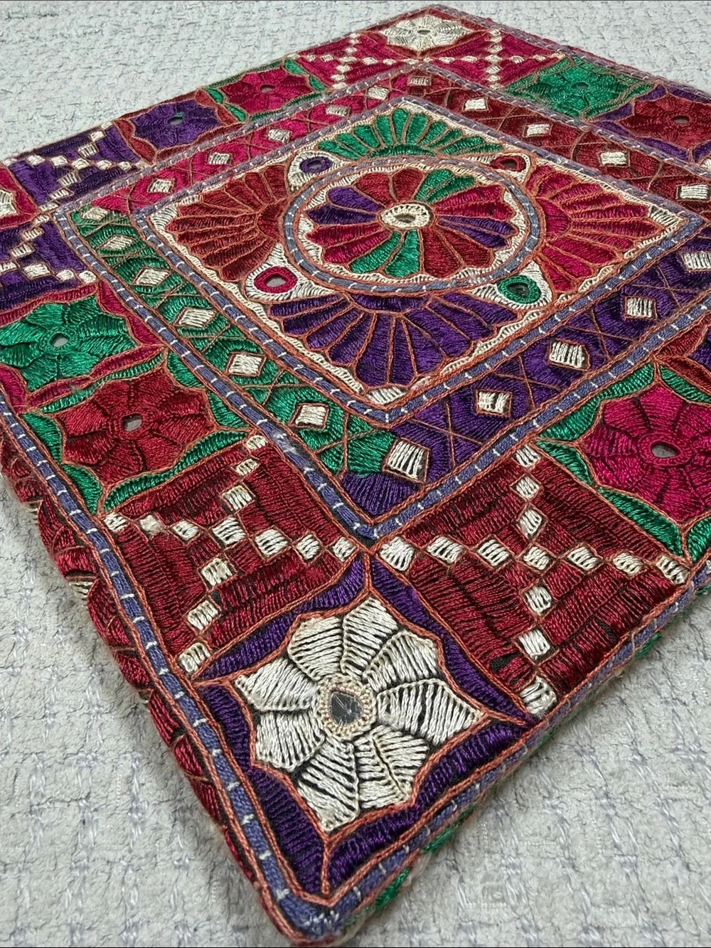 Vintage Tapestry Embroidered Mirrors Jewel Tones Crewel Square Wall Hanging